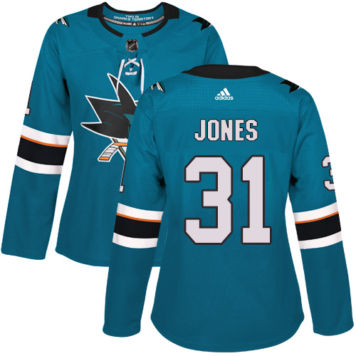 Adidas San Jose Sharks #31 Martin Jones Teal Home Authentic Women Stitched NHL Jersey->women nhl jersey->Women Jersey
